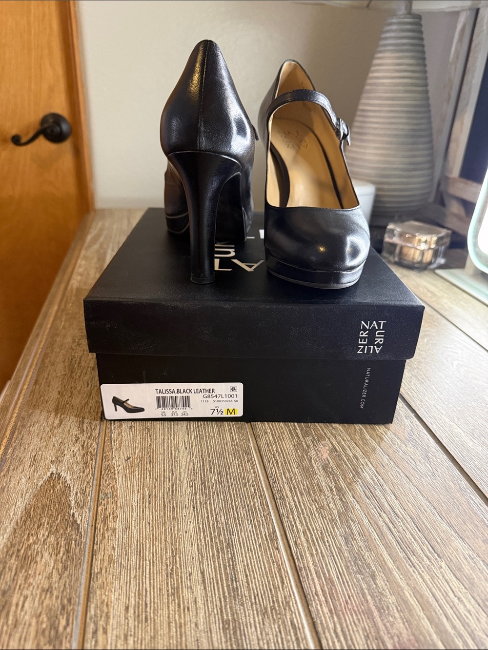 Naturalizer Black Leather Mary Jane High Heel Pumps with Ankle Strap